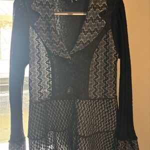 Black Knit Button-Front Sweater Coat with Textured Panels